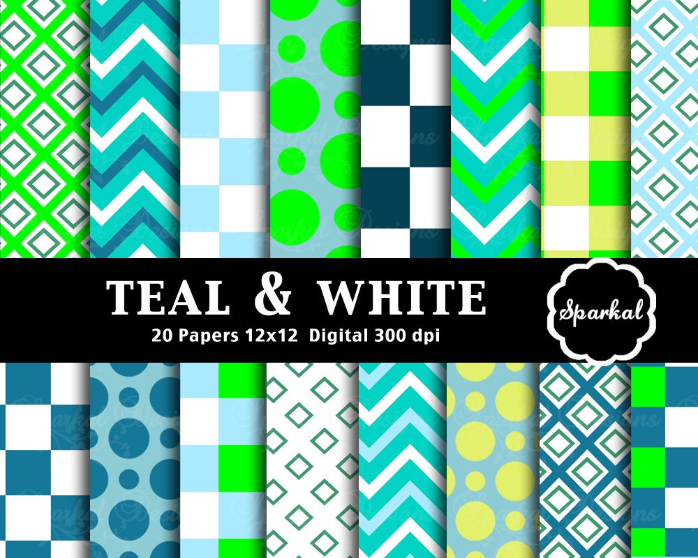 Teal Chevron Paper, Preppy Teal Blue Digital Paper, Polka Dot Digital Paper,Checkerboard, Invitation paper Printable, Instant Download Il_570xn