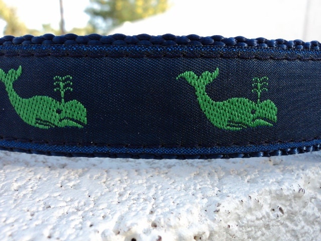 1" Dog Collar Adj. Quick Release - Green Whales - Sm, Med or Lge /Or add Martingale upgrade