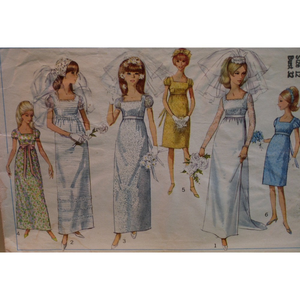 1960s Empire Waist Wedding Dress Pattern, Bridesmaid Dress, Square Neck, Train, Simplicity No. 6823 Size 10 (Bust 32" 81cm)