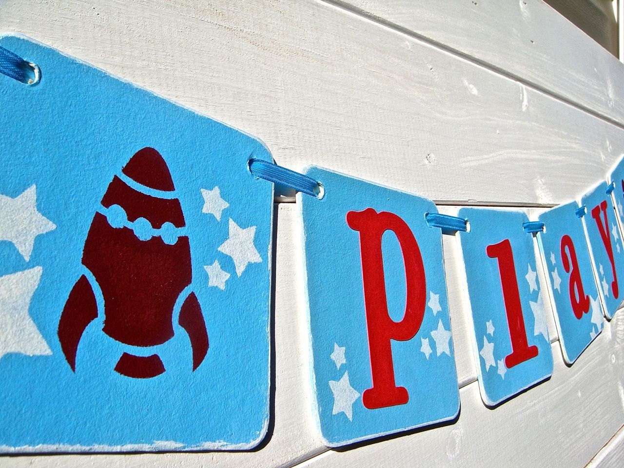PLAY Spaceship Banner, Boys Bedroom Banner, playroom banner, baby photo prop, childs photo prop, red blue, stars, spaceship
