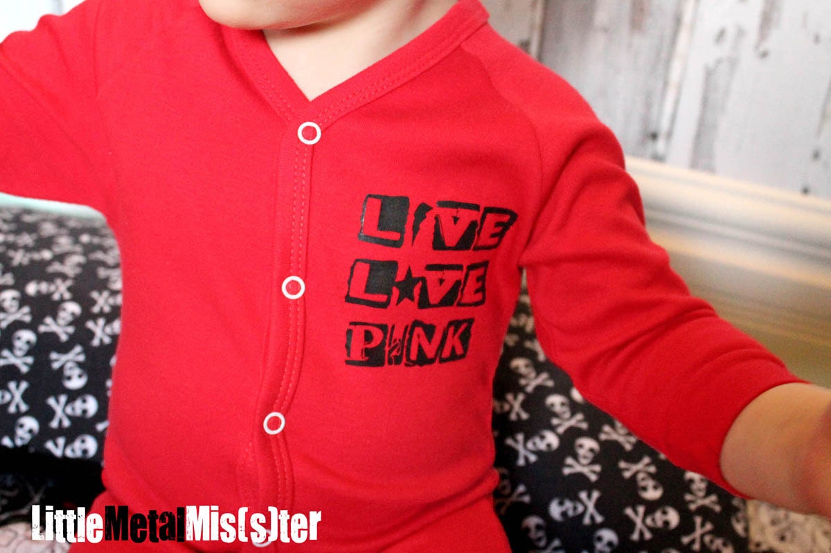 Live Love Punk - Red Baby Union Suit. Alternative / Heavy Metal / Punk Rocker one piece unisex / gender neutral romper in size 6 months