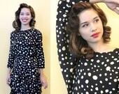30% OFF. 1980's. polka dot. batwing sleeves. waterfall skirt. silk wiggle dress. Sz xs/s.