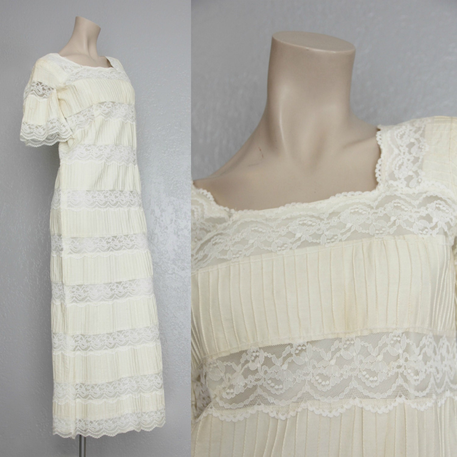 1960's. lace. maxi dress. mexican. cream. floor length. vintage dress. Sz s/m