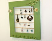 Green Earring and Jewelry Organizer Wood Frame Accessory Holder for Bracelets, Necklaces.