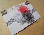 Triple Mini Salmon/Grey/White Chevron Shabby Chic Rose Headband - Infant Headband - Newborn Headband - Children's Headband