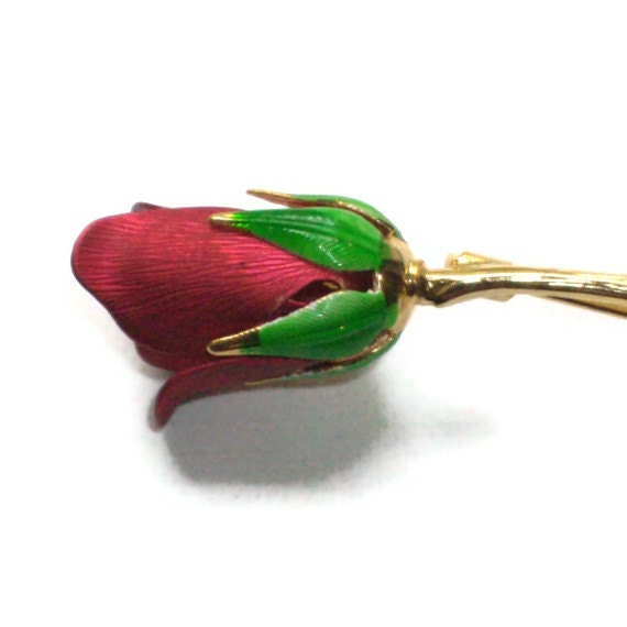 Red Long Stem Rose Bud Brooch Pin -- 0516