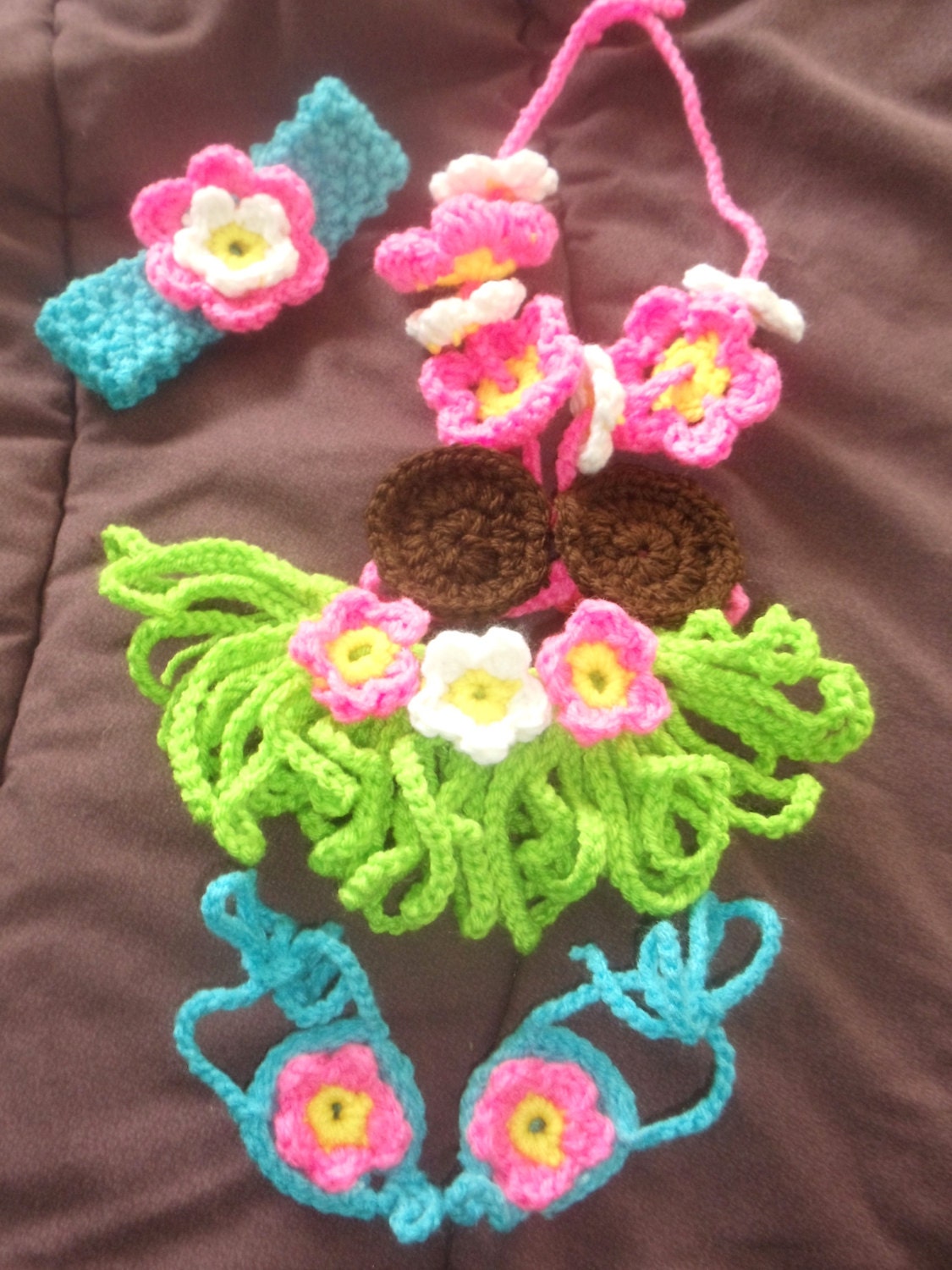 Baby Girls Crochet Hula, Hawaiian, Luau, Grass skirt, Coconut Bra, Island Photo Prop set-