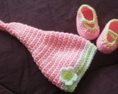 Baby Pixie hat and shoes in pistachio and pink