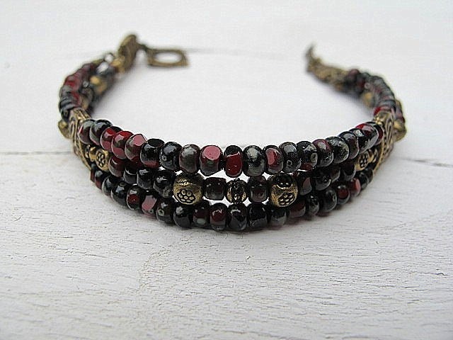 Black Cherry Seed Bead Bracelet: Czech Glass, Triple Strand, Beaded Wristband, Bohemian, Hippie Chic