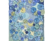 Constellation Blue dots - Original watercolor painting -blue circles connected by geometric lines Abstract painting