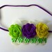 Lime, purple and yellow felt flowers and lace headband - baby headband 