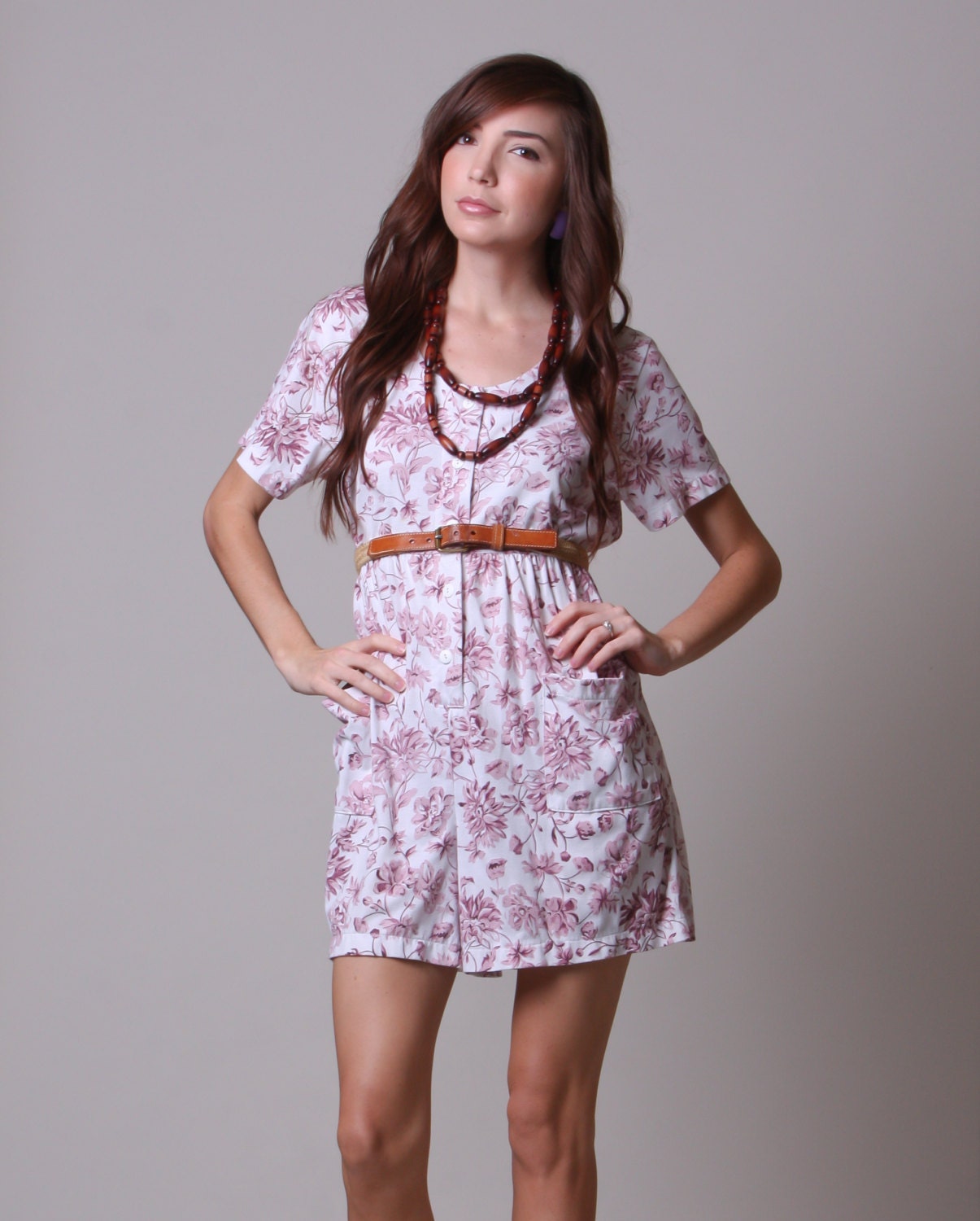 80s Skort - Vintage Floral Shorts Romper - Pink and White Jumper with Pockets - Large