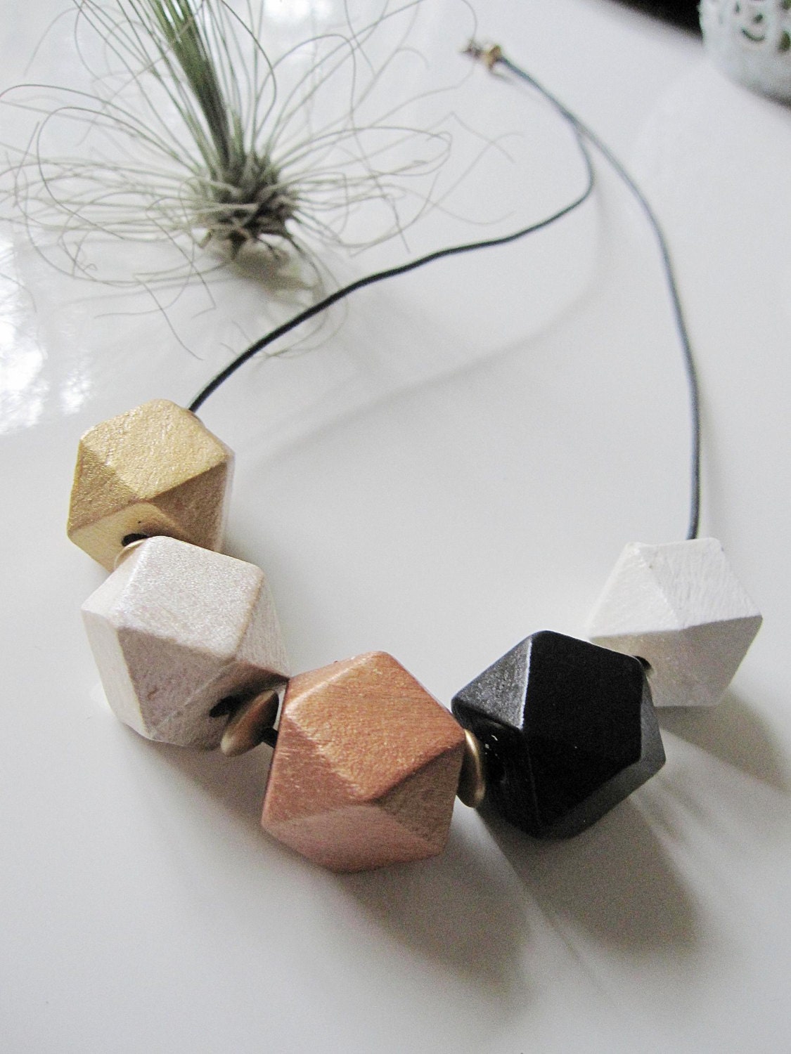 Geometric Necklace, Metalic, Gold, Black White Wooden Beads, Bold Statement Necklace