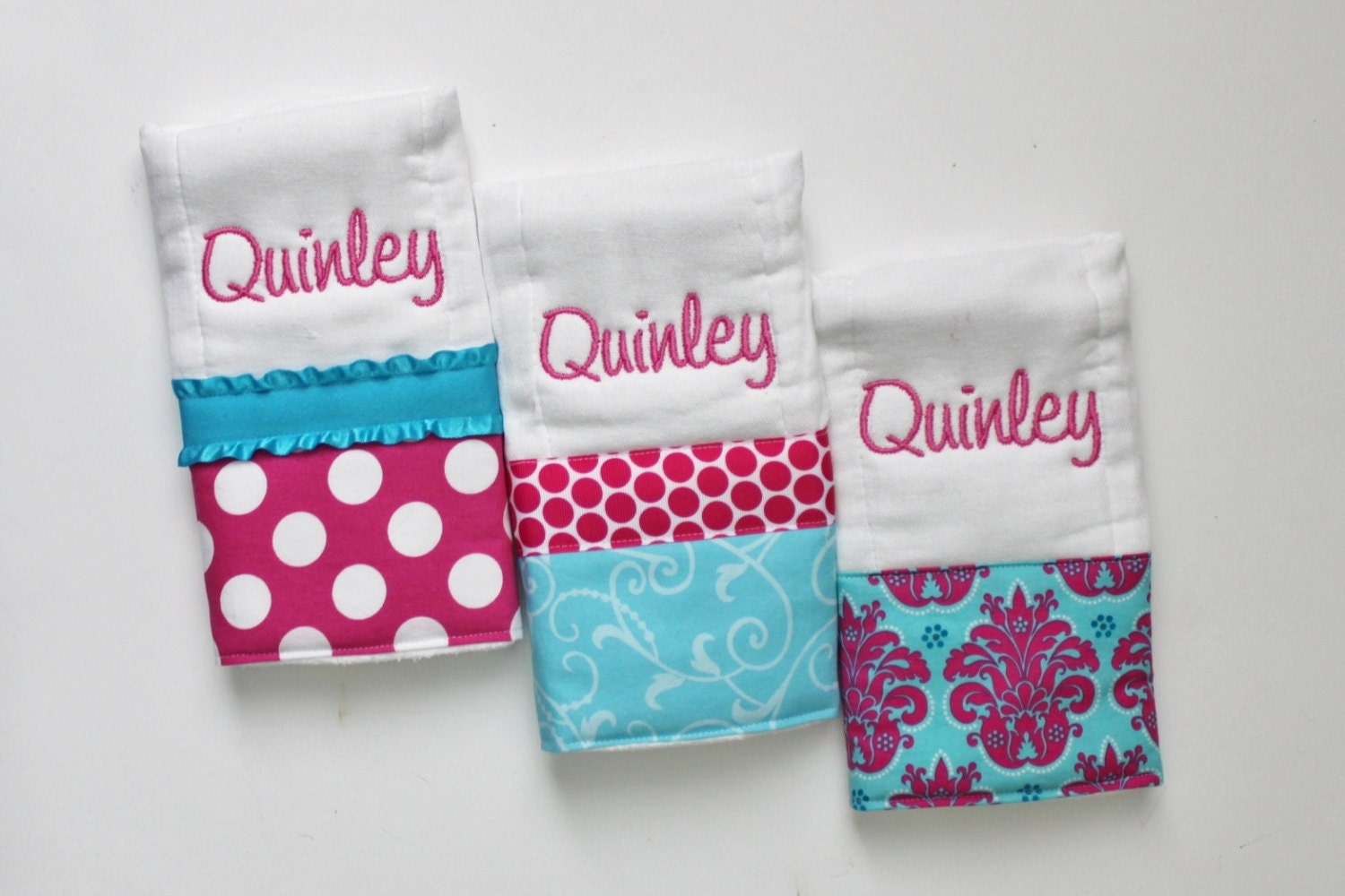3 Personalized Burp Cloth Set in Pink and Aqua - Damask and Polka Dots