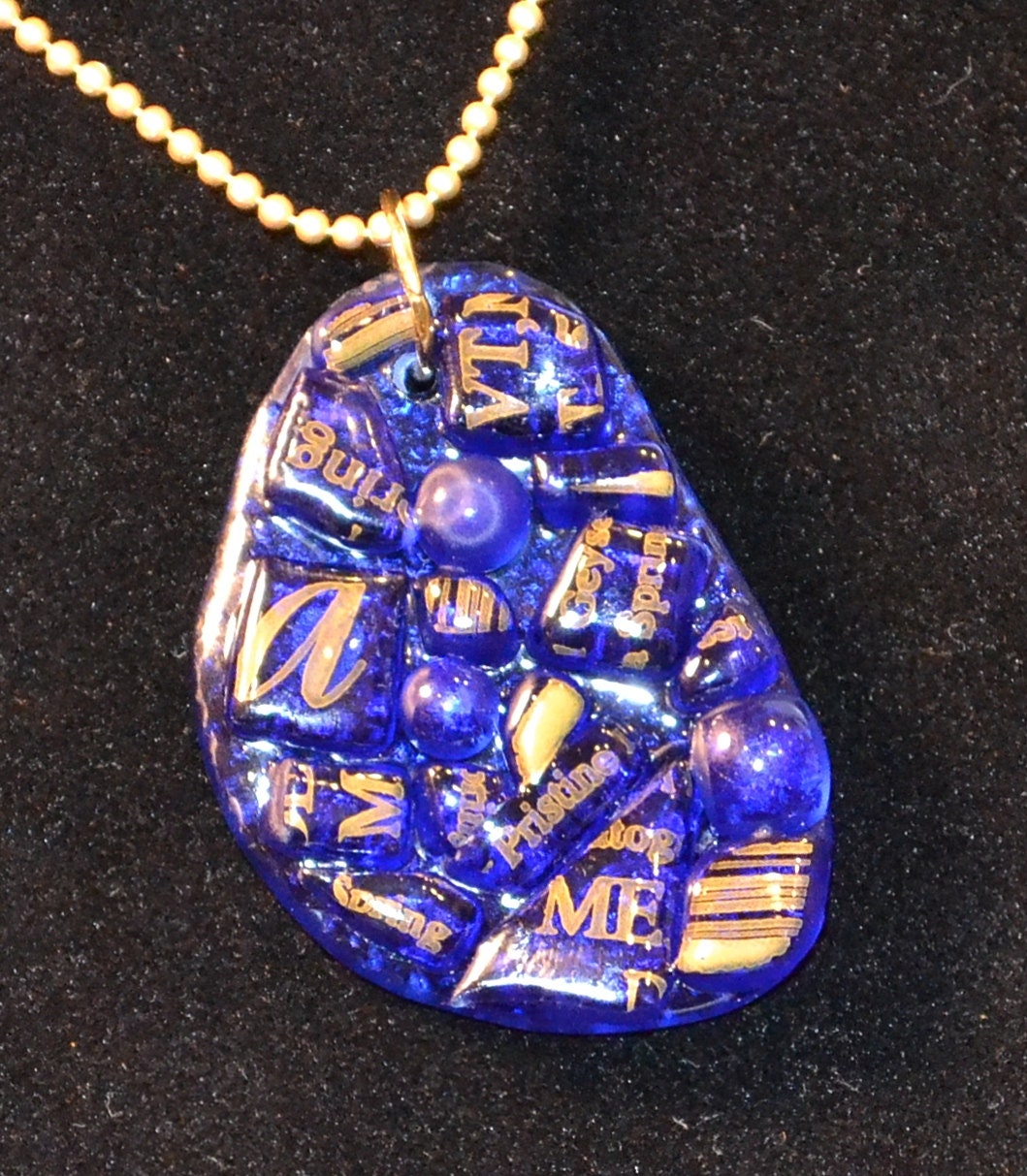 Cobalt Blue Recycled Fused Glass Pendant, Upcycled Art, Cabochon Statement Necklace, Signed Original, Cobalt Blue Bottle