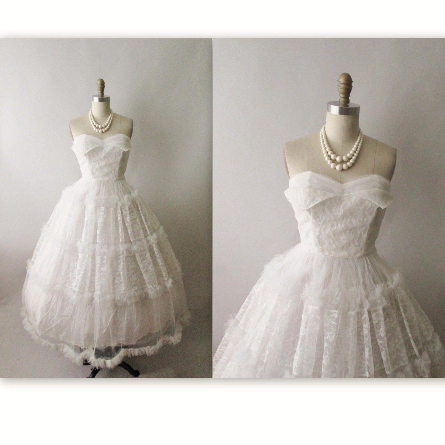 1950s Wedding Dress // Vintage 50s Strapless White Tulle Wedding Dress Gown XS