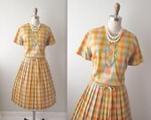 60s Plaid Dress // Vintage 1960s Plaid Cotton Full Casual Mad Men Spring Day Dress L