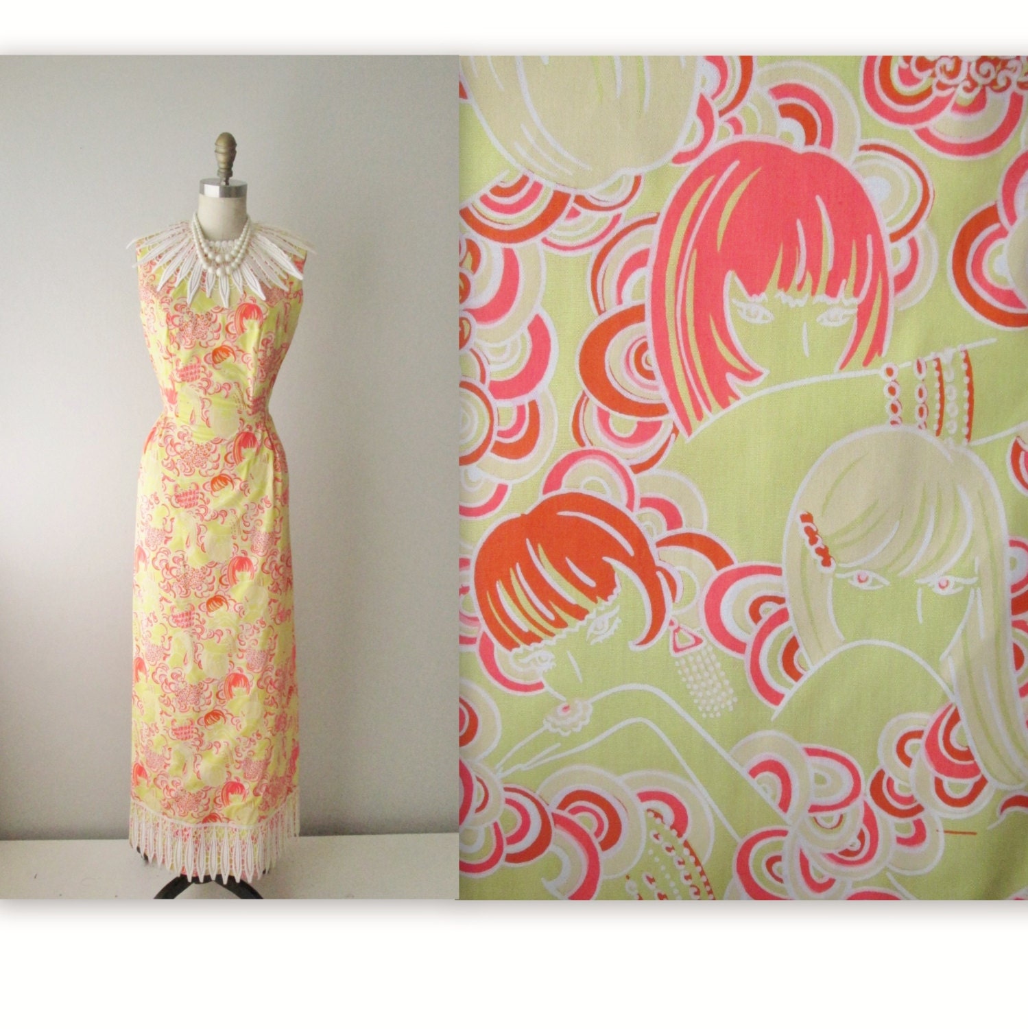 60s Novelty Print Dress // Vintage 1960's Women Novelty Print Vibrant Maxi Hostess Dress S
