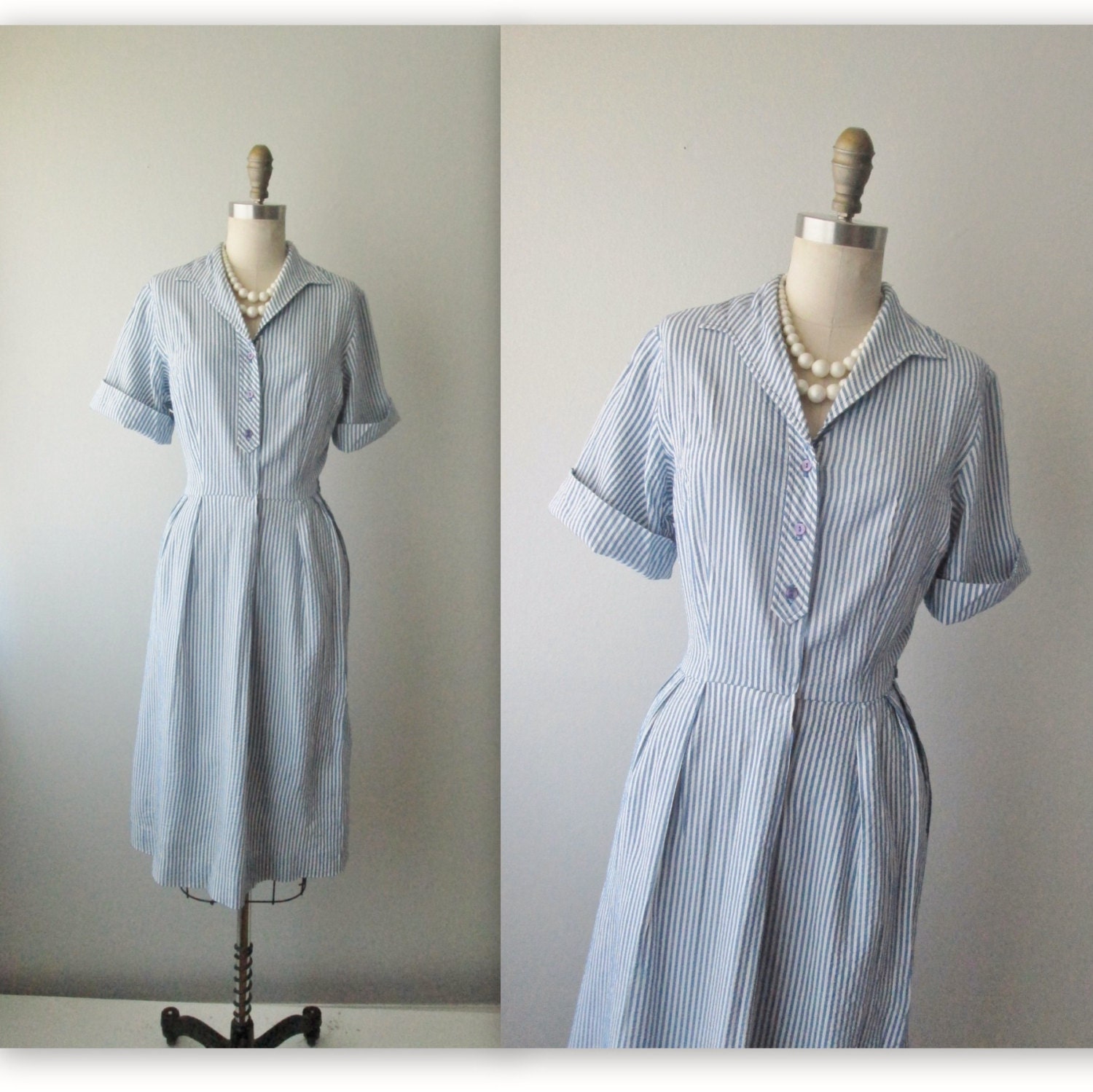 50's Seersucker Dress // Vintage 1950's Seersucker Cotton Garden Party Shirtwaist Day Dress M L