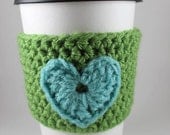 Green and Teal Heart Crochet Cup Cozy Sleeve - READY TO SHIP