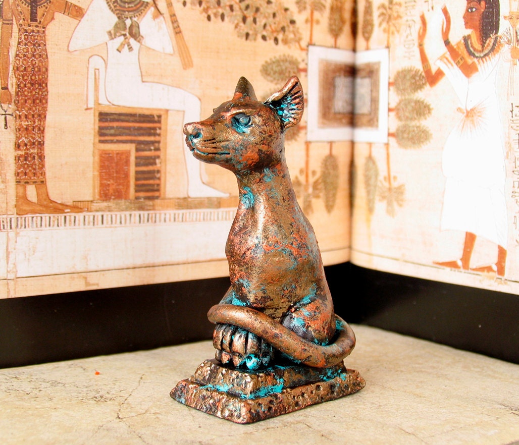 Bast Cat Goddess and Protector - Miniature Altar Statue and Votive Amulet - Handmade and Painted with Copper Patina Finish