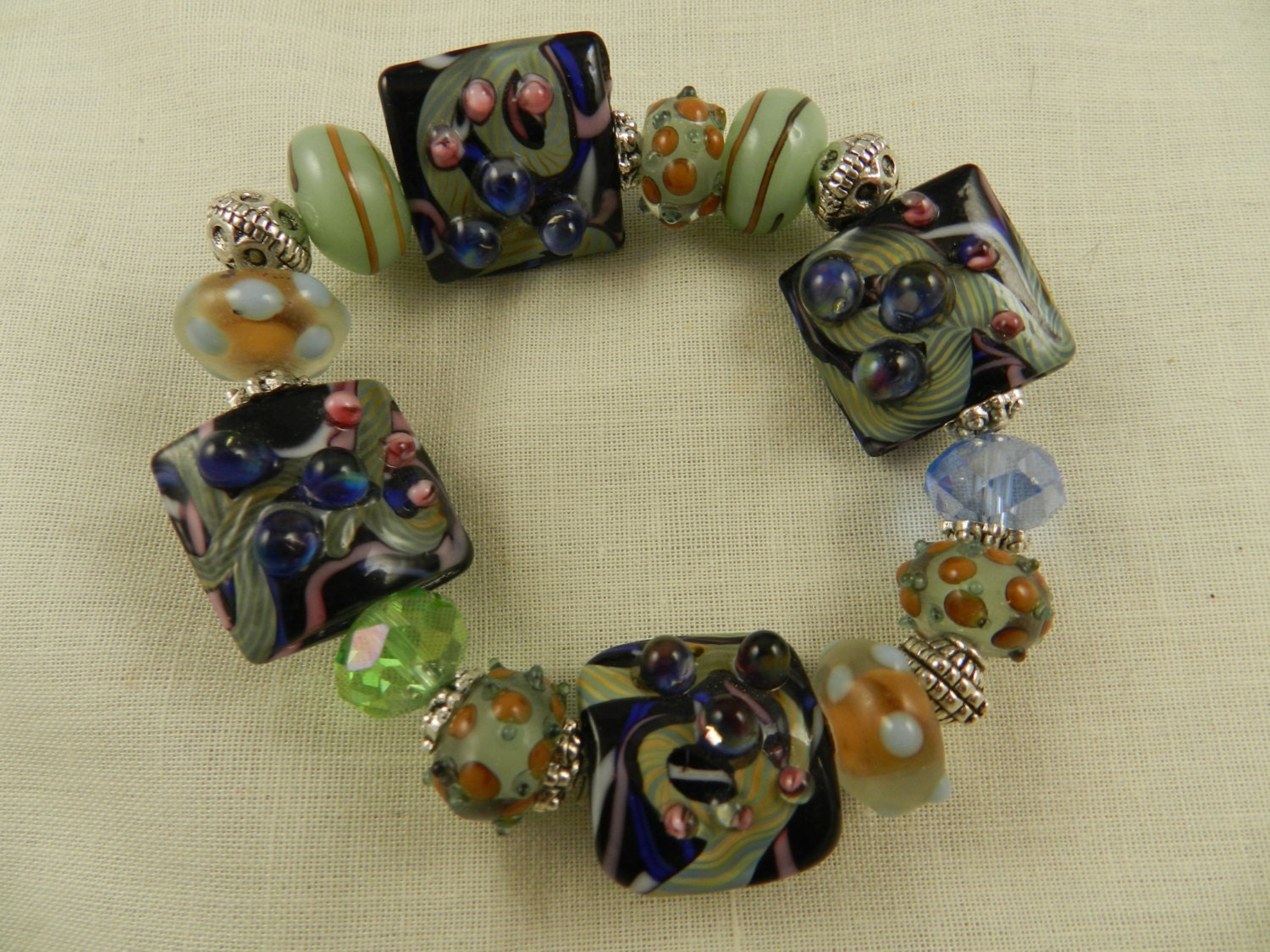 Lampwork Bracelet Blue Green Decorative Stretch