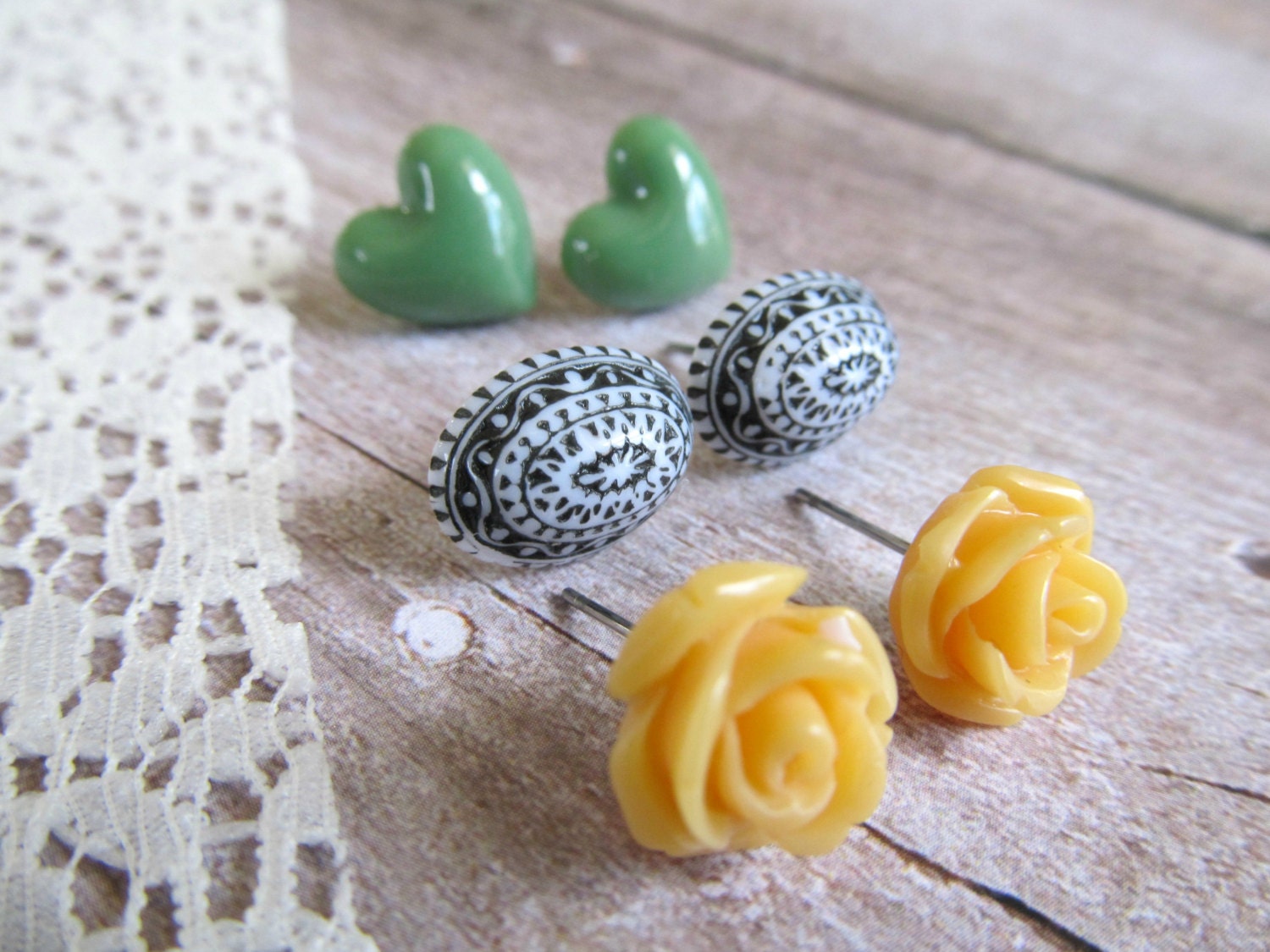 Post earrings, set of three, black and apricot, heart earrings, rose post earrings, black and white vintage earrings