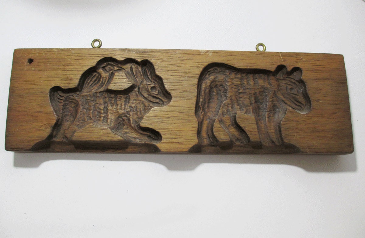 Vintage Wooden Cookie Mold - Rabbit or Bunny and Bear - Handcarved - German - Primitive