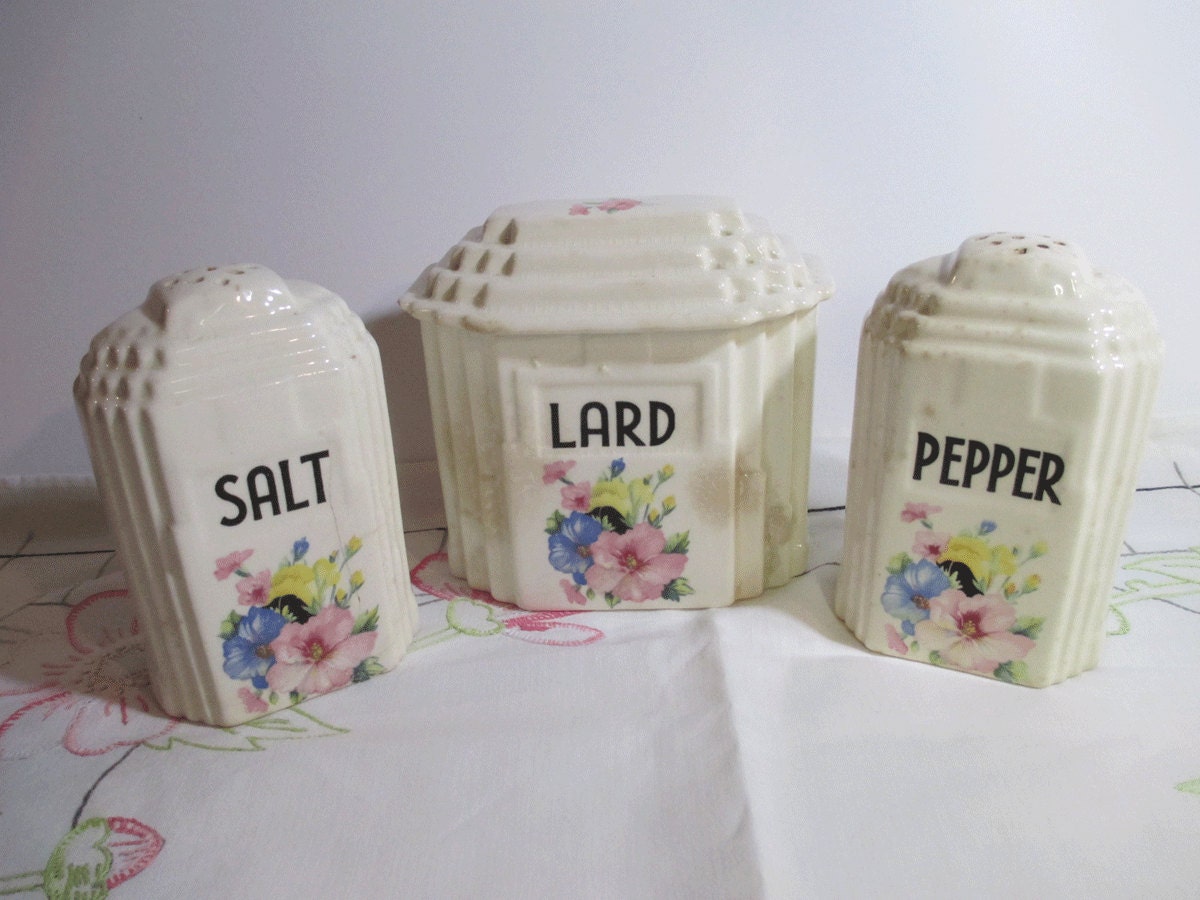 Vintage Pottery Salt, Pepper, Lard/Grease 3-Piece Set - Made in Japan - Flower Decal on Art Deco Design