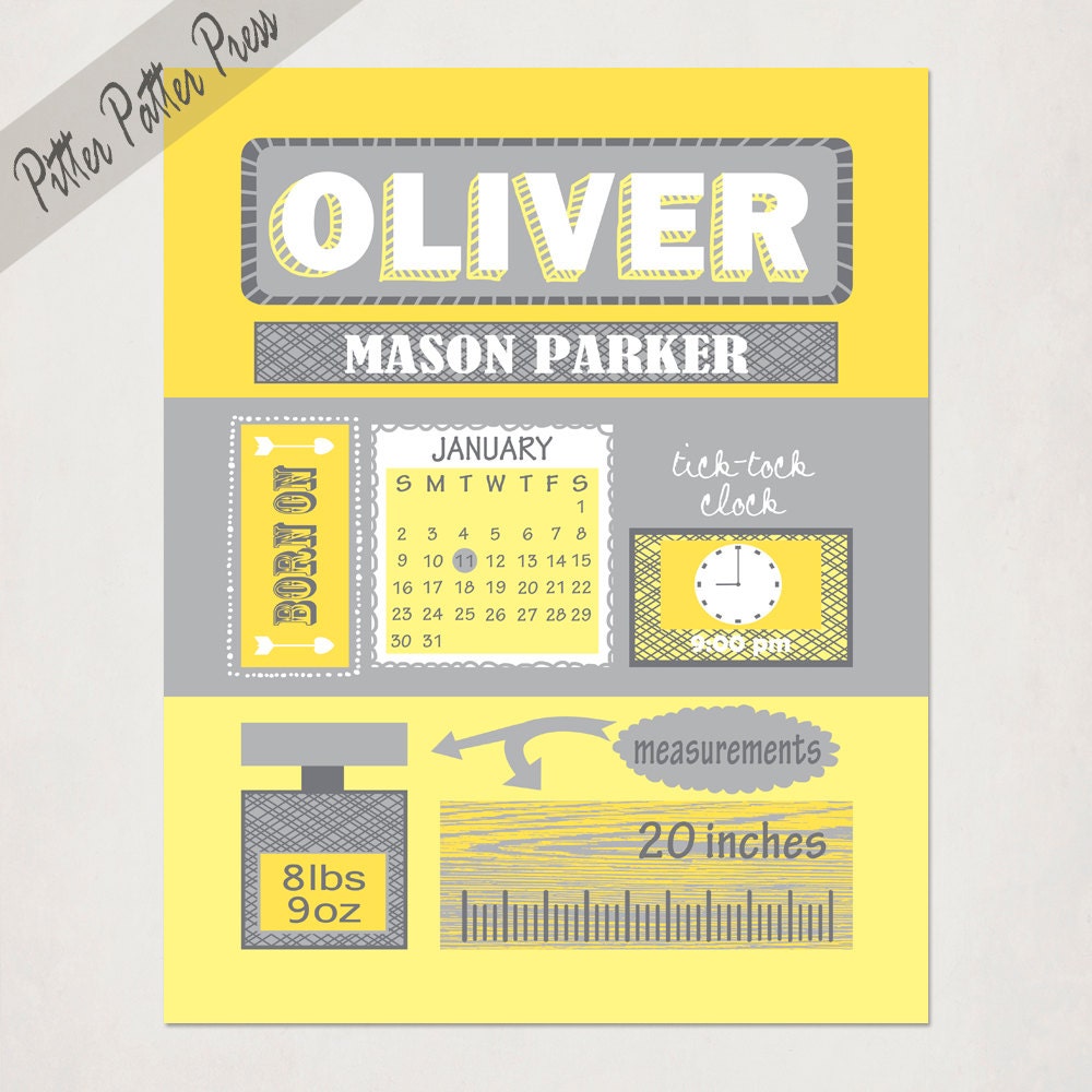 Baby Birth Announcement Poster // Personalized Boy's or Girl's Yellow Gray Gift // Modern Birth Print // Children's Name Nursery Art // 8x10