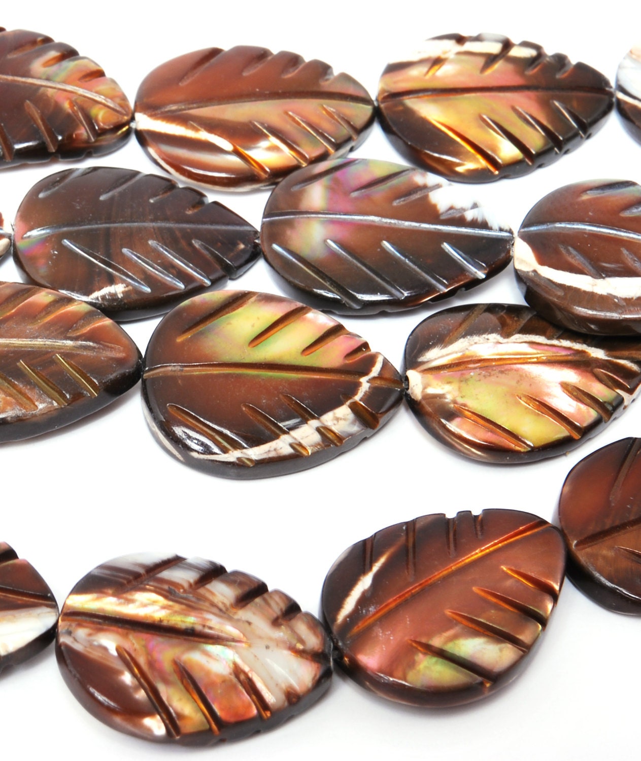 MOTHER OF PEARL-Dark Brown Carved Leaf Bead-15.5 Inch Strand