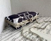 Navy blue and white floral minaudiere clutch, clamshell clutch with chain