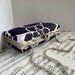 Navy blue and white floral minaudiere clutch, clamshell clutch with chain