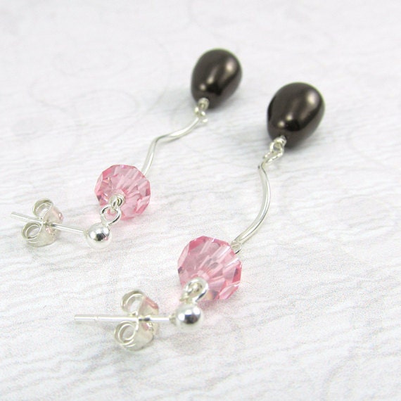 Light Rose Pink Crystal Brown Pearl Drop Silver Twist Earrings