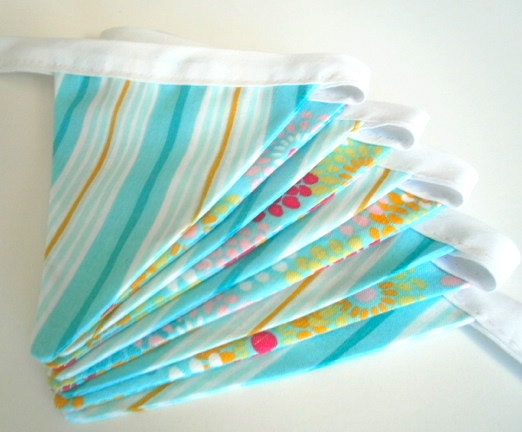 Fabric Bunting Banner in Turquoise Blue - Stripes and Flowers - Pennant Photo Prop
