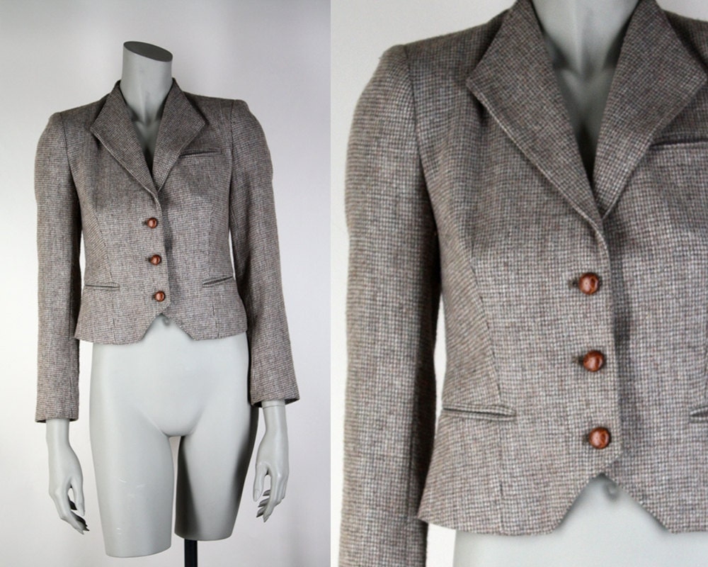 Vintage 70s Jacket : Cropped Brown Tweed Fitted Equestrian Riding Jacket XS