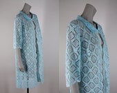 Vintage 1960s Lingerie : 60s Light Blue Lace Peter Pan Collar Peignoir Jacket S M L
