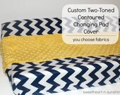 CUSTOM Two-toned Contoured Changing Pad Cover in YOUR CHOICE of designer cotton and minky dot fabrics