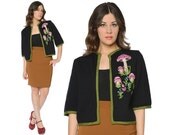 60s Cardigan Sweater Black Pink MUSHROOMS Embellished Mod Floral Retro Psychedelic 1960s Mad Men / One Size