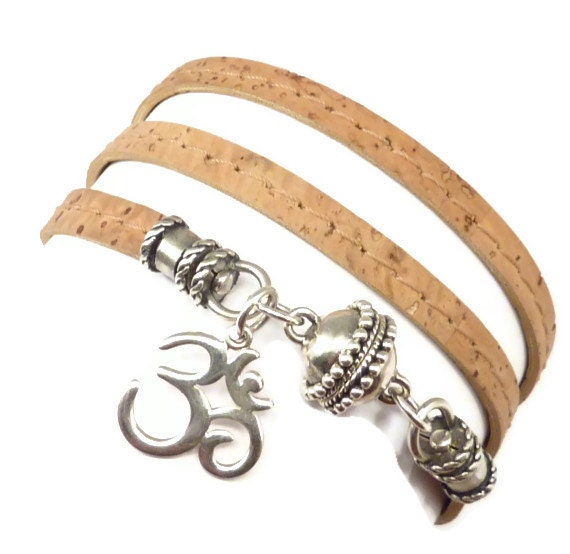 Cork Wrap Bracelet with Sterling Om Charm, vegan jewelry, yoga jewelry, yoga bracelet, eco friendly