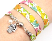 Hamsa Wrap Bracelet, Liberty of London Fabric, yoga jewelry, yoga bracelet, namaste jewelry