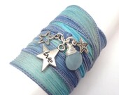 Silk Ribbon Wrap Bracelet with Star Charms, wrapped wrapping bracelet, wrap around,wrist wrap