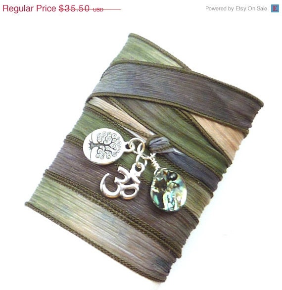 Om Tree of Life Silk Wrap Bracelet with Abalone ,bohemian jewelry, yoga jewelry, wrap bracelet, hand painted silk ribbon