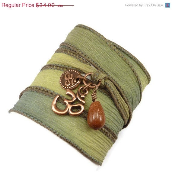 Hand Painted Silk Ribbon Wrap Bracelet with Copper Om Charms, yoga jewelry, wrapped wrapping bracelet, wrap around,wrist wrap