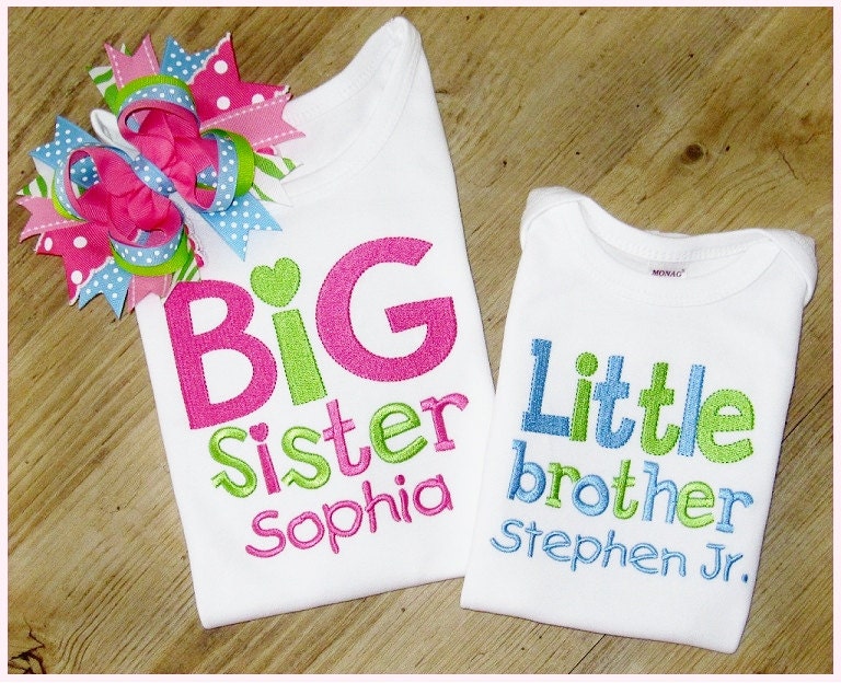 Big Sister, Big Brother, Little Brother, Little Sister personalized with name, SIBLING SET, New Baby, Baby Announcement W/ Hair Bow