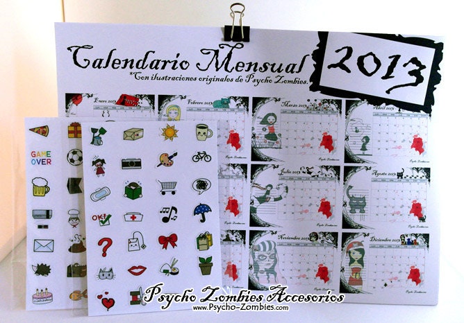 Wall Monthly calendar 2013 with Psycho Zombies illustrations and 2 set of stickers (English OR Spanish)