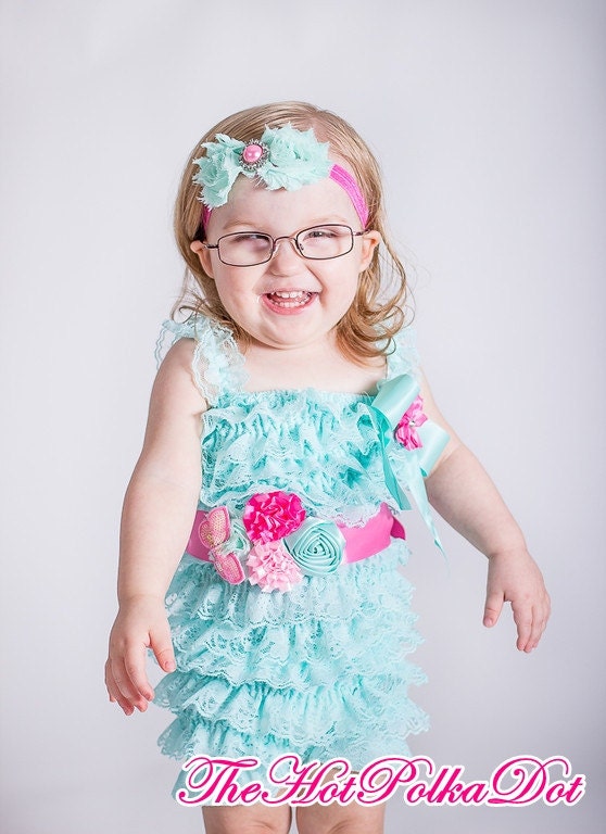 Aqua Princess - 3 Piece Set - Aqua and Pink Romper with Sash and Matching Shabby Chic Headband - EMBELLISHED Lace Romper - Photo Prop