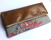 Multi style leather and abstract blossom print fabric clutch bag, large