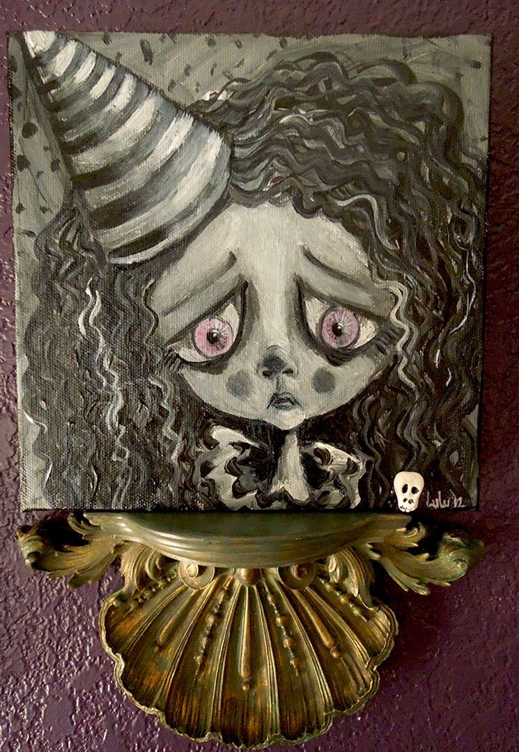 Gothic Art Sad Clown doll Acrylic original painting 8x8 Gallery wrapped OOAK