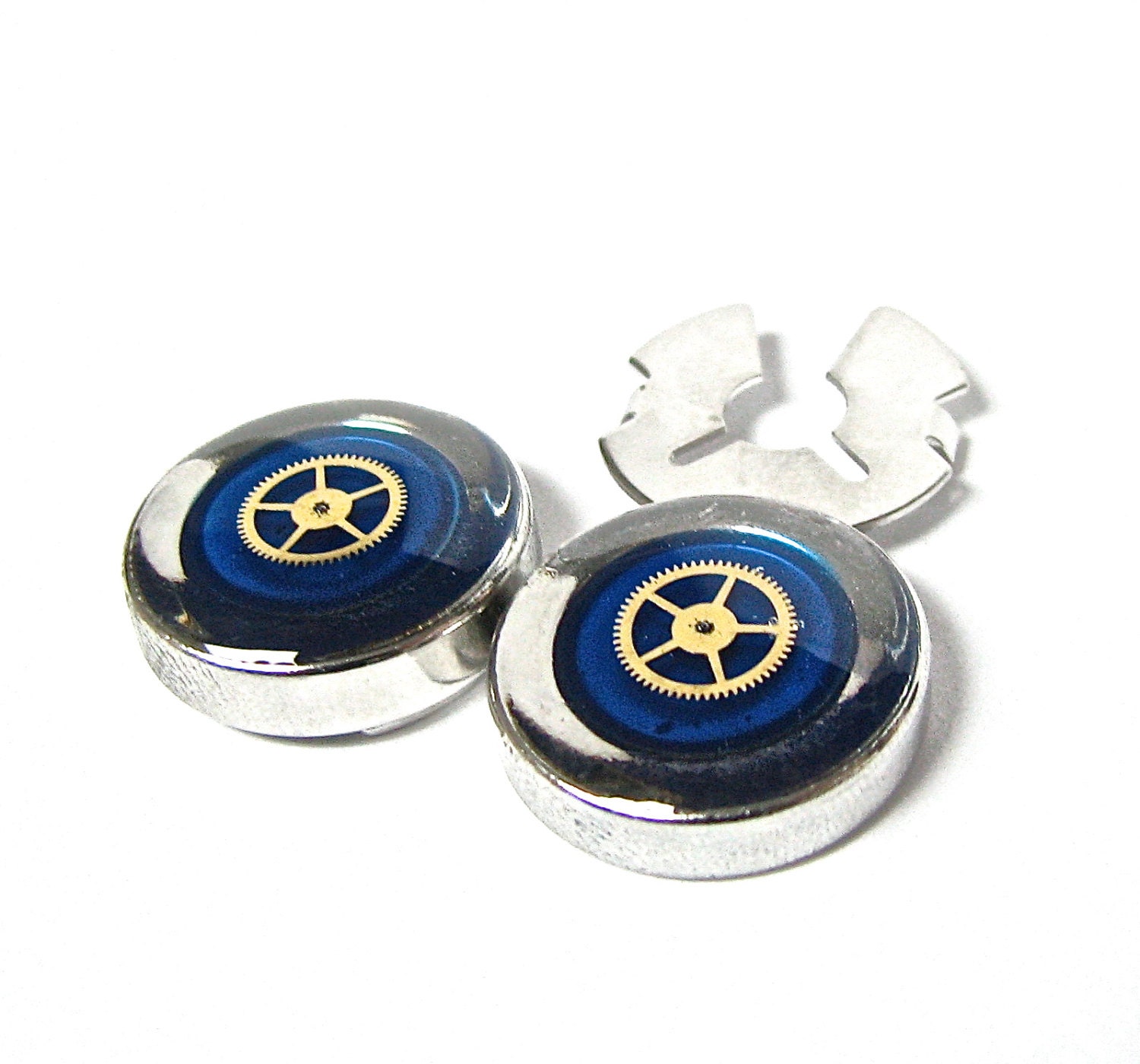 Steampunk Button Covers / Faux Cuff Links Gears with Stunning Blue Inlay- by Mechanique Steampunk